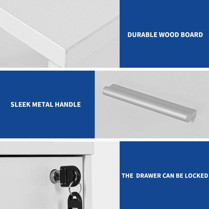 Meuble de rangement en bois avec station de recharge, classeur latéral mobile verrouillable, compatible avec les dossiers A4, lettres et documents légaux.