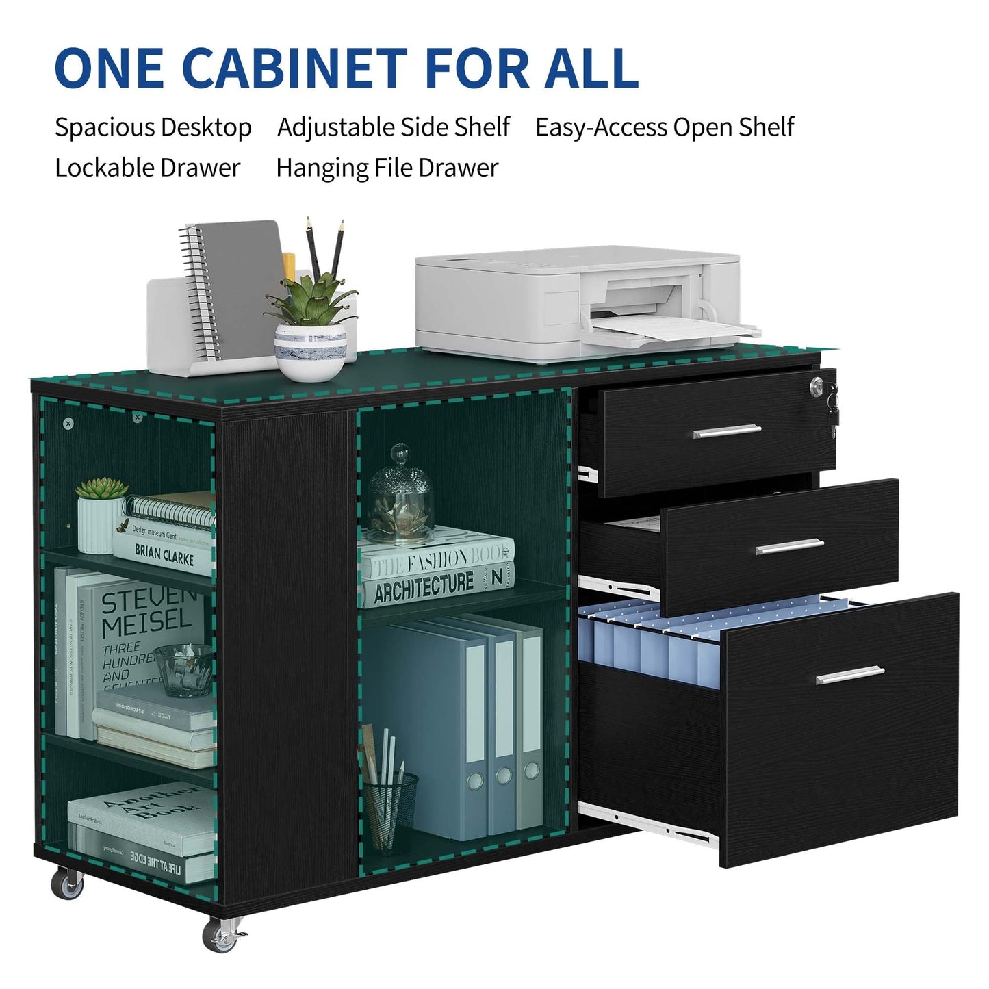 Meuble de rangement en bois avec station de recharge, classeur latéral mobile verrouillable, compatible avec les dossiers A4, lettres et documents légaux.