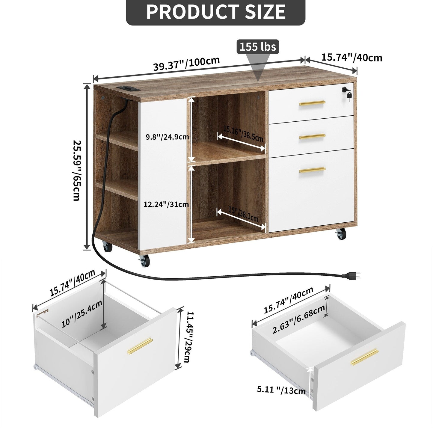 Meuble de rangement en bois avec station de recharge, classeur latéral mobile verrouillable, compatible avec les dossiers A4, lettres et documents légaux.