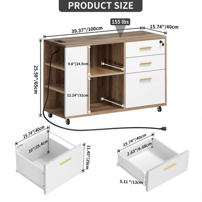 Meuble de rangement en bois avec station de recharge, classeur latéral mobile verrouillable, compatible avec les dossiers A4, lettres et documents légaux.