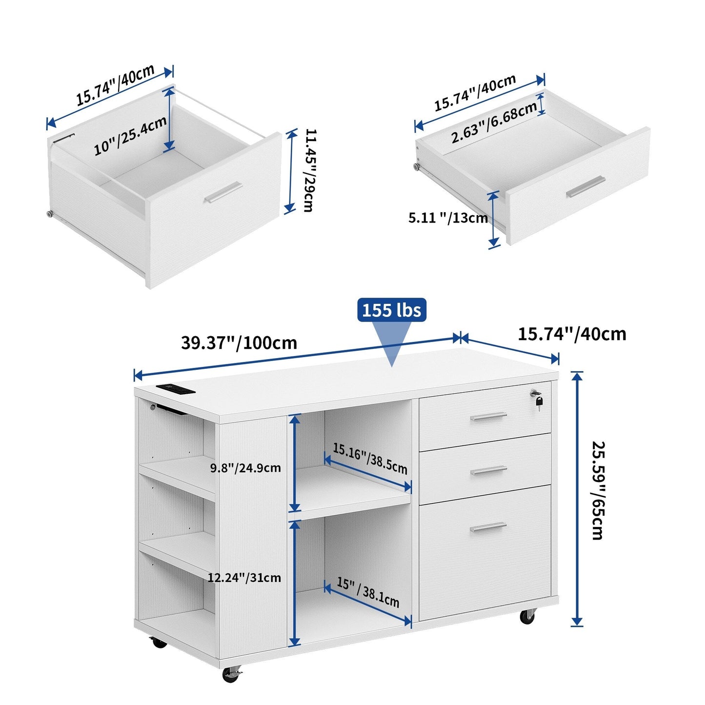 Meuble de rangement en bois avec station de recharge, classeur latéral mobile verrouillable, compatible avec les dossiers A4, lettres et documents légaux.