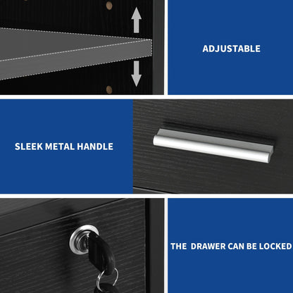 Meuble de rangement en bois avec station de recharge, classeur latéral mobile verrouillable, compatible avec les dossiers A4, lettres et documents légaux.