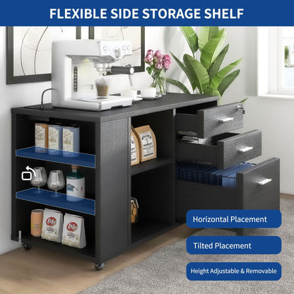 Meuble de rangement en bois avec station de recharge, classeur latéral mobile verrouillable, compatible avec les dossiers A4, lettres et documents légaux.