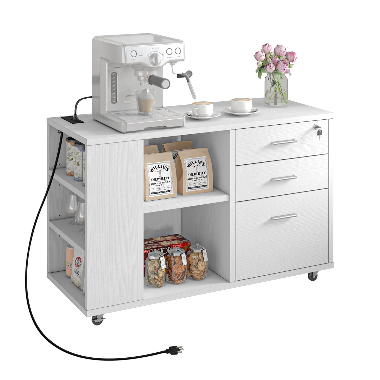 Meuble de rangement en bois avec station de recharge, classeur latéral mobile verrouillable, compatible avec les dossiers A4, lettres et documents légaux.