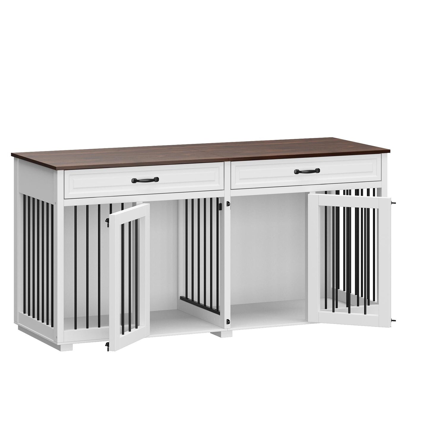 Meuble-kennel en bois pour chien double avec 2 tiroirs et séparateur