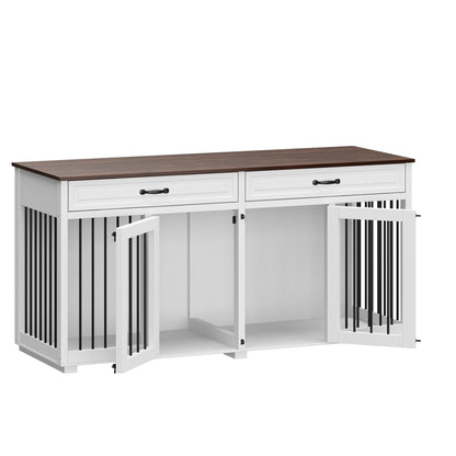Meuble-kennel en bois pour chien double avec 2 tiroirs et séparateur
