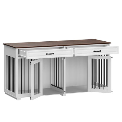 Meuble-kennel en bois pour chien double avec 2 tiroirs et séparateur