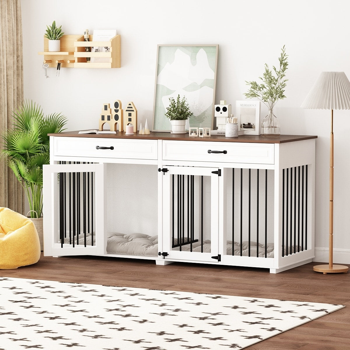 Meuble-kennel en bois pour chien double avec 2 tiroirs et séparateur