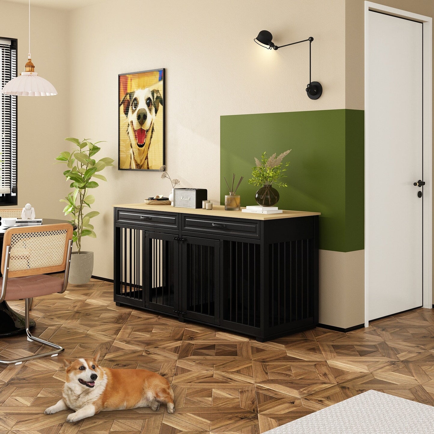 Meuble-kennel en bois pour chien double avec 2 tiroirs et séparateur