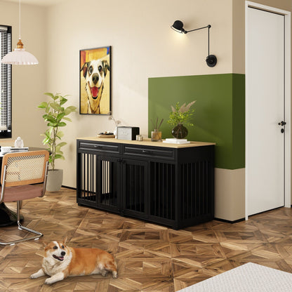 Meuble-kennel en bois pour chien double avec 2 tiroirs et séparateur