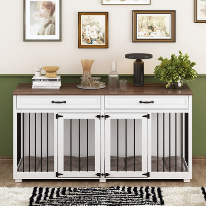 Meuble-kennel en bois pour chien double avec 2 tiroirs et séparateur