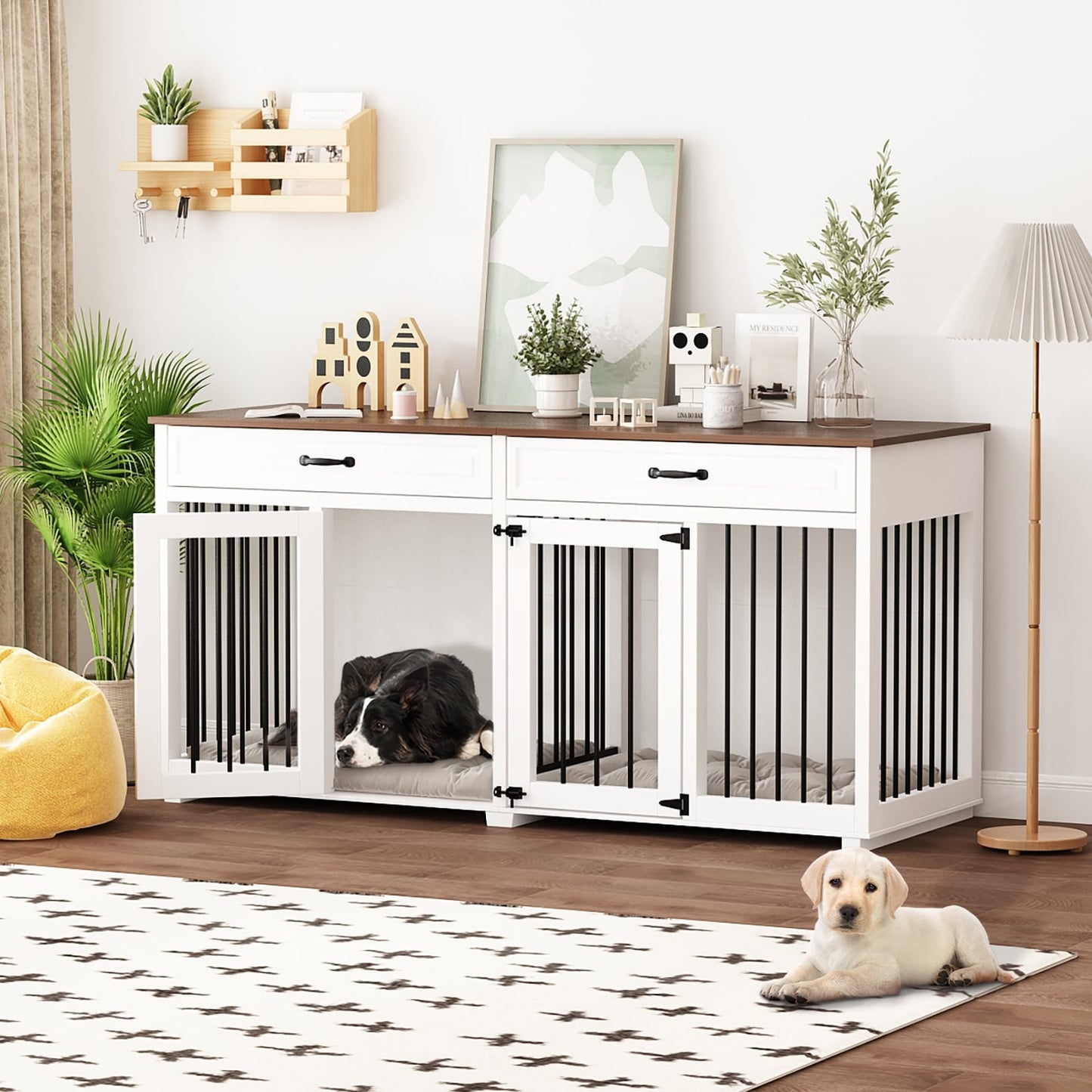 Meuble-kennel en bois pour chien double avec 2 tiroirs et séparateur