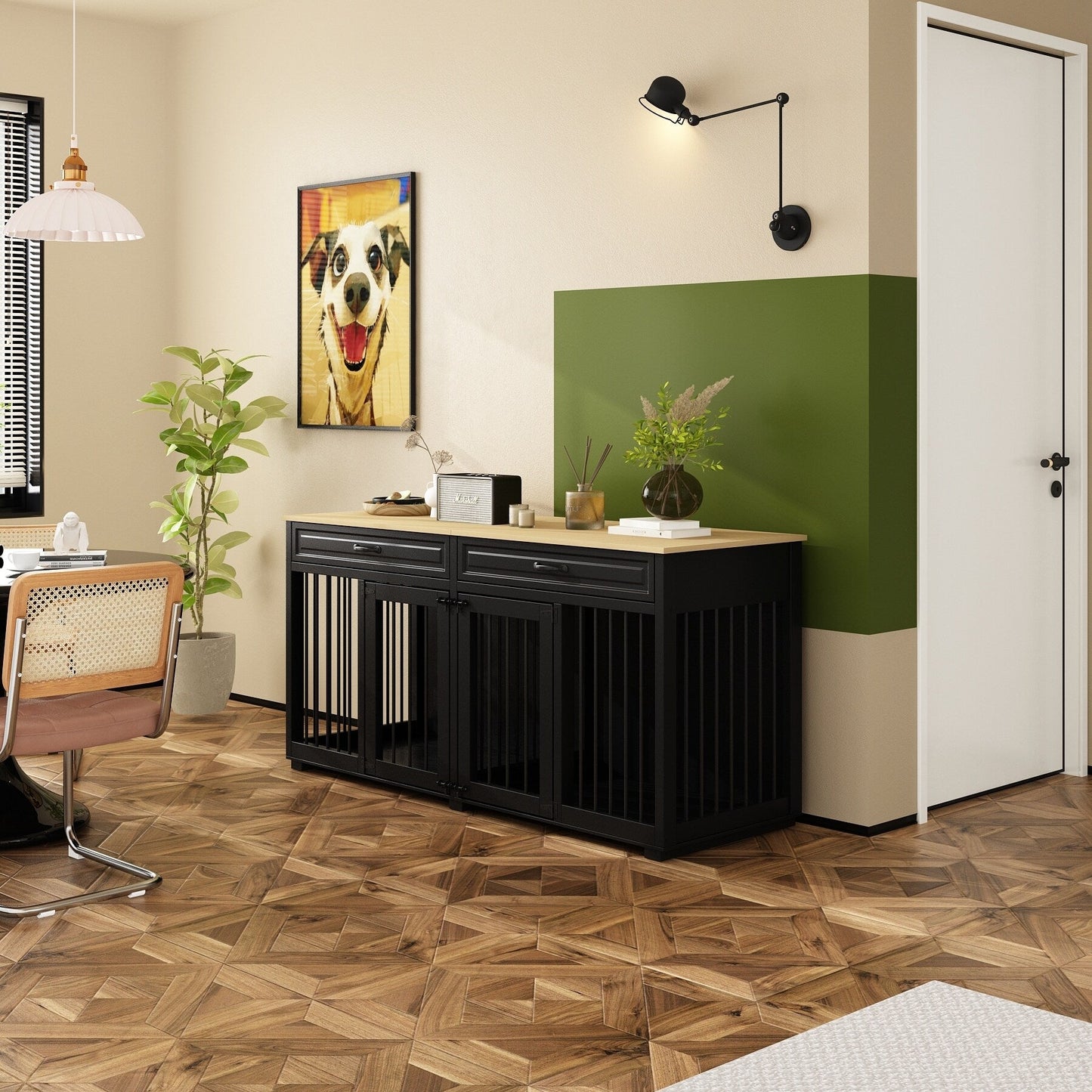 Meuble-kennel en bois pour chien double avec 2 tiroirs et séparateur