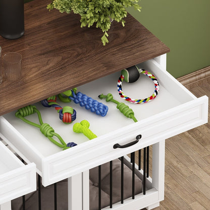 Meuble-kennel en bois pour chien double avec 2 tiroirs et séparateur