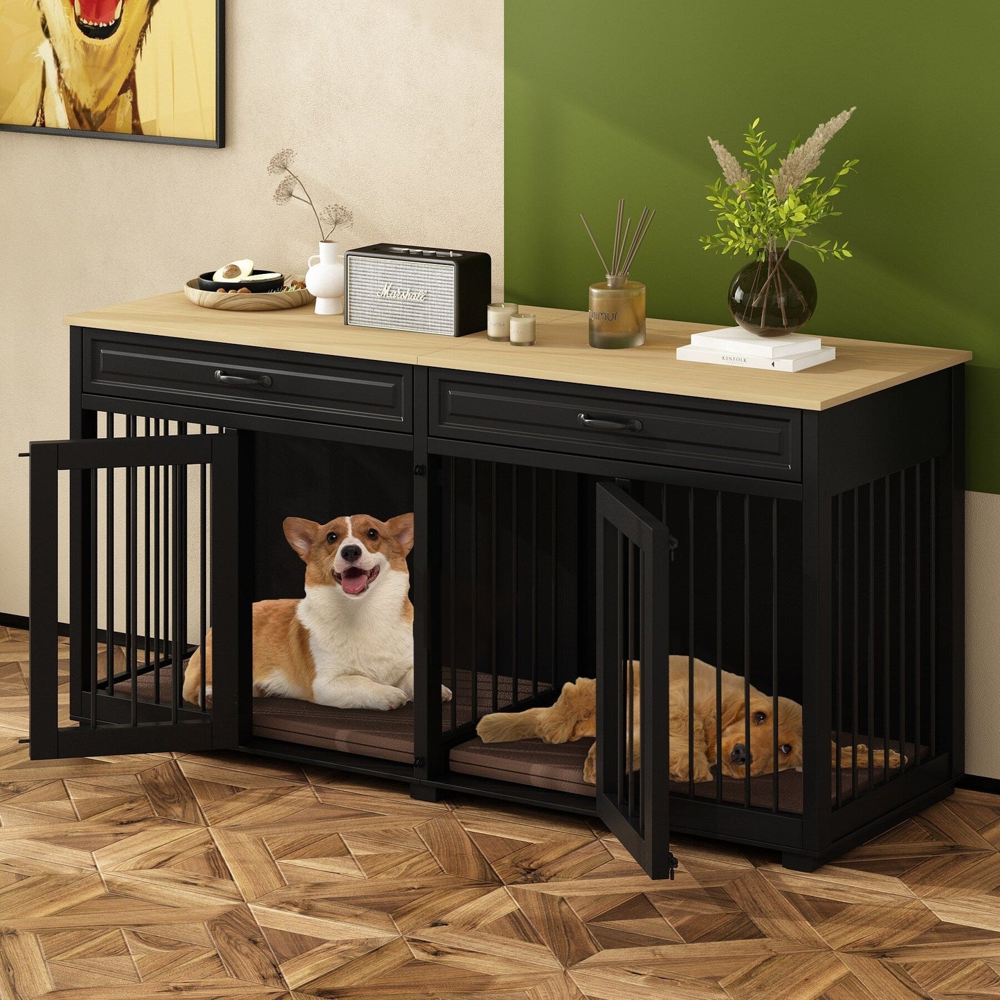 Meuble-kennel en bois pour chien double avec 2 tiroirs et séparateur
