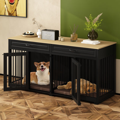 Meuble-kennel en bois pour chien double avec 2 tiroirs et séparateur