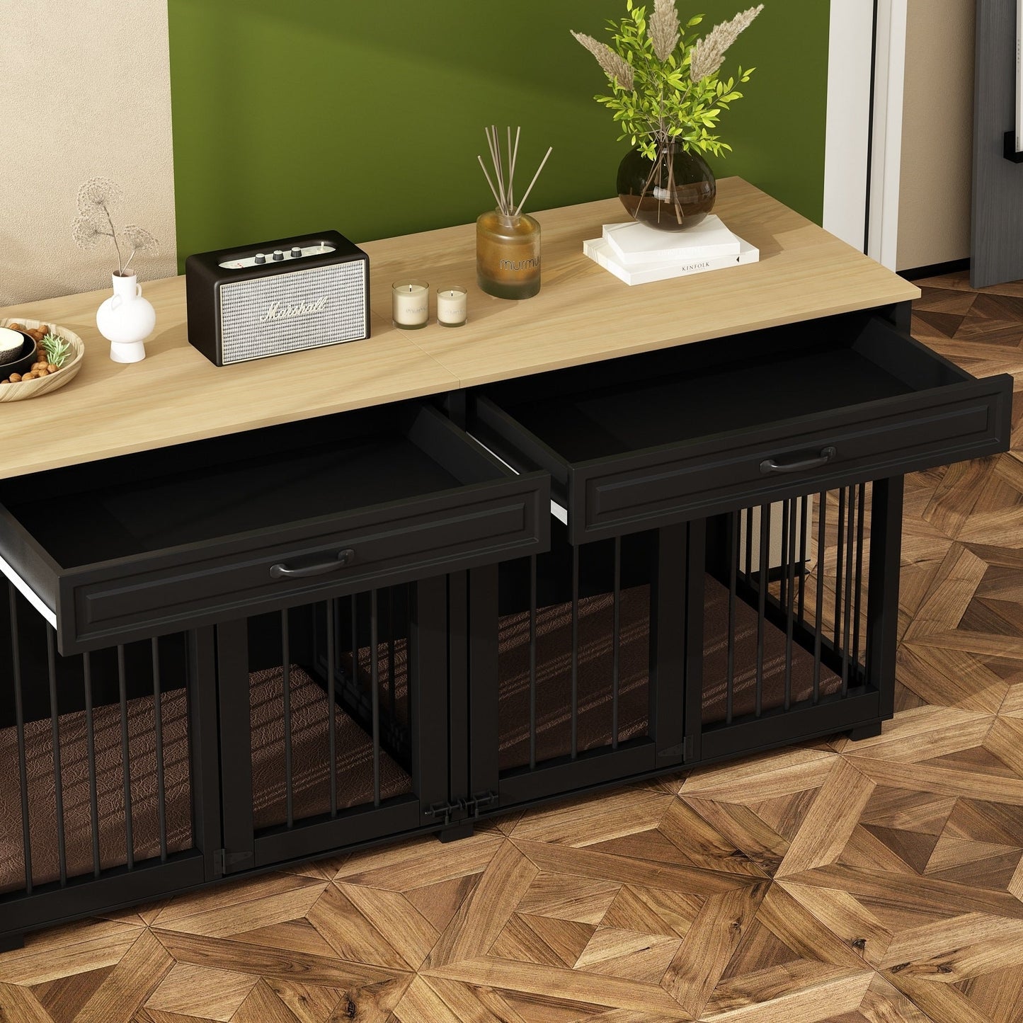 Meuble-kennel en bois pour chien double avec 2 tiroirs et séparateur