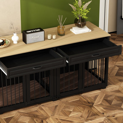 Meuble-kennel en bois pour chien double avec 2 tiroirs et séparateur