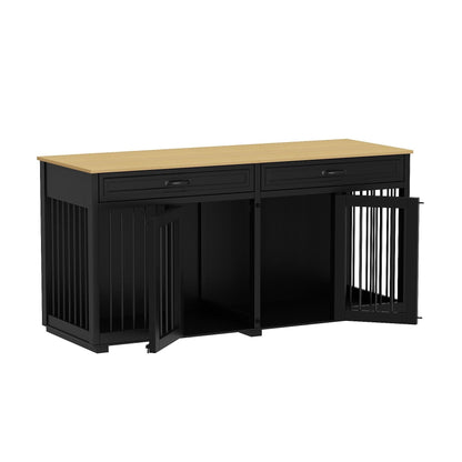 Meuble-kennel en bois pour chien double avec 2 tiroirs et séparateur