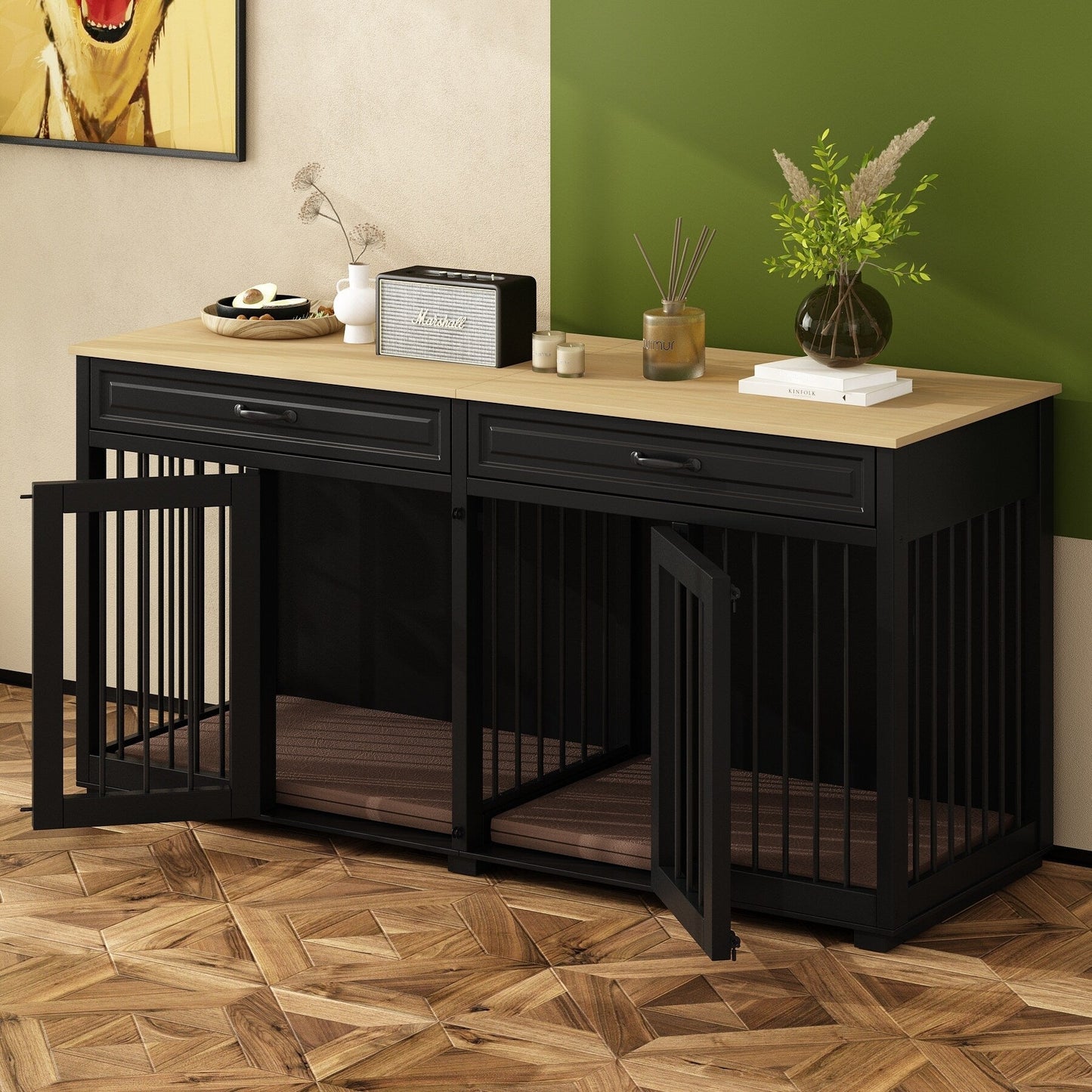 Meuble-kennel en bois pour chien double avec 2 tiroirs et séparateur