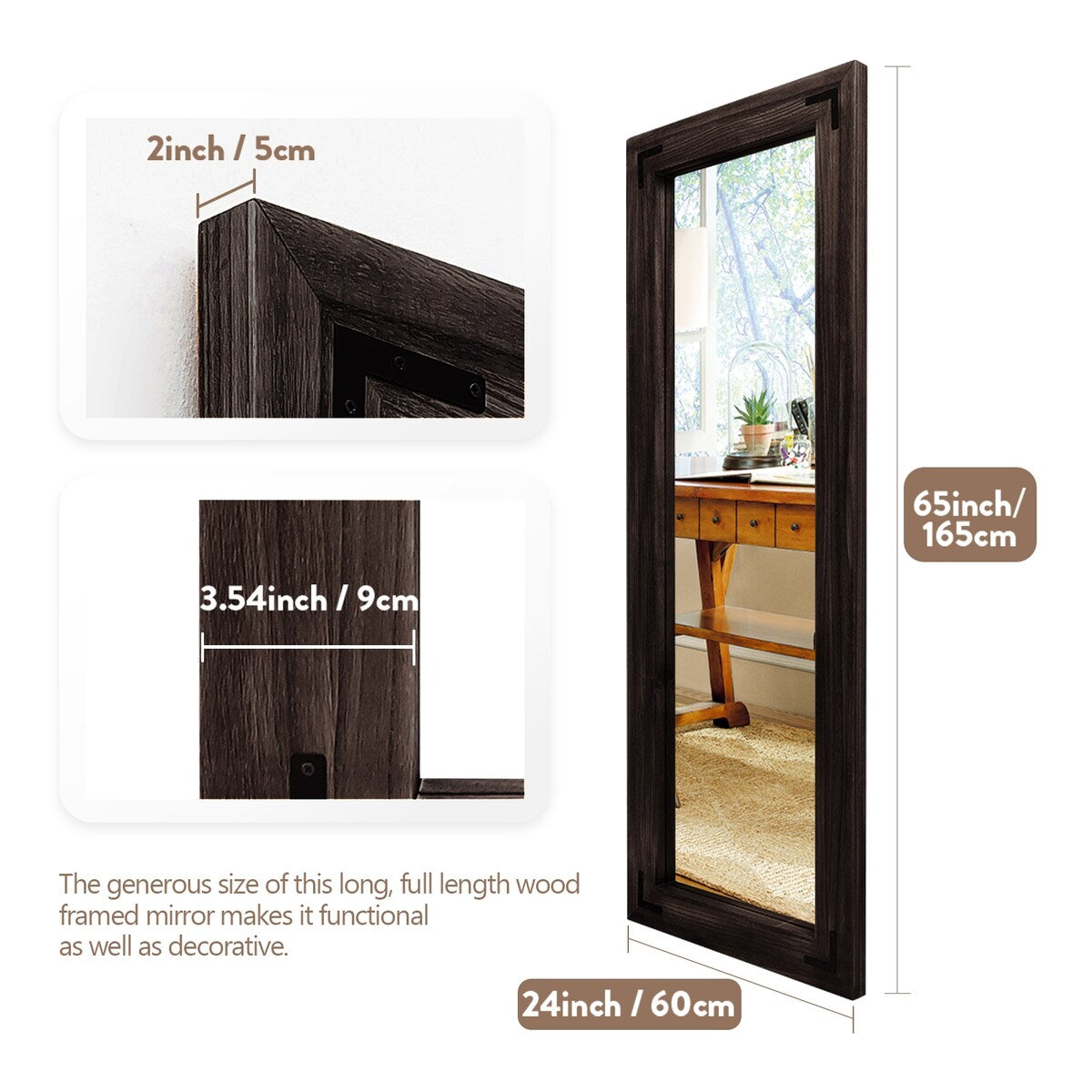 Grand miroir mural en bois à cadre rustique style farmhouse - 65x24