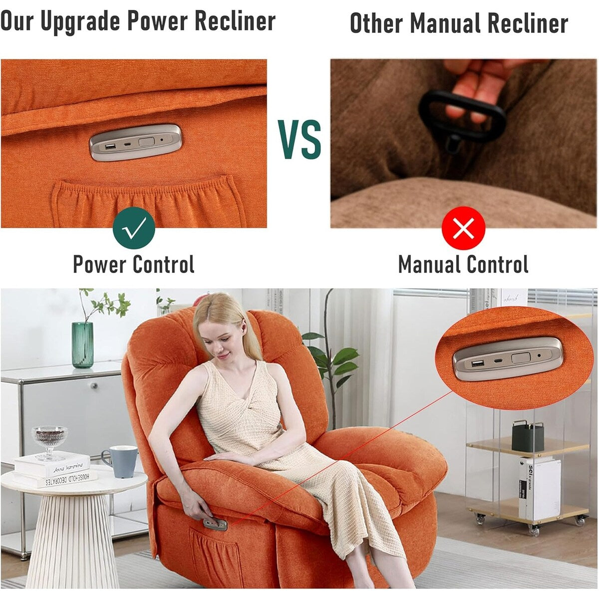 XINMICS Swivel Power Recliner Chair, Massage Rocker Recliners with Heated ,USB, USB-C and Side Pocket