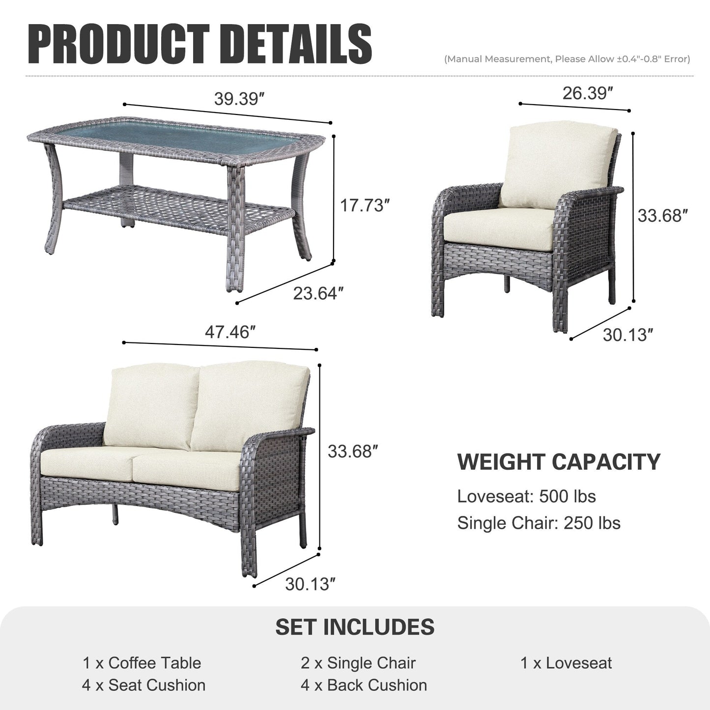 Ensemble de meubles de jardin d'extérieur XIZZI 4 pièces pour conversation avec table