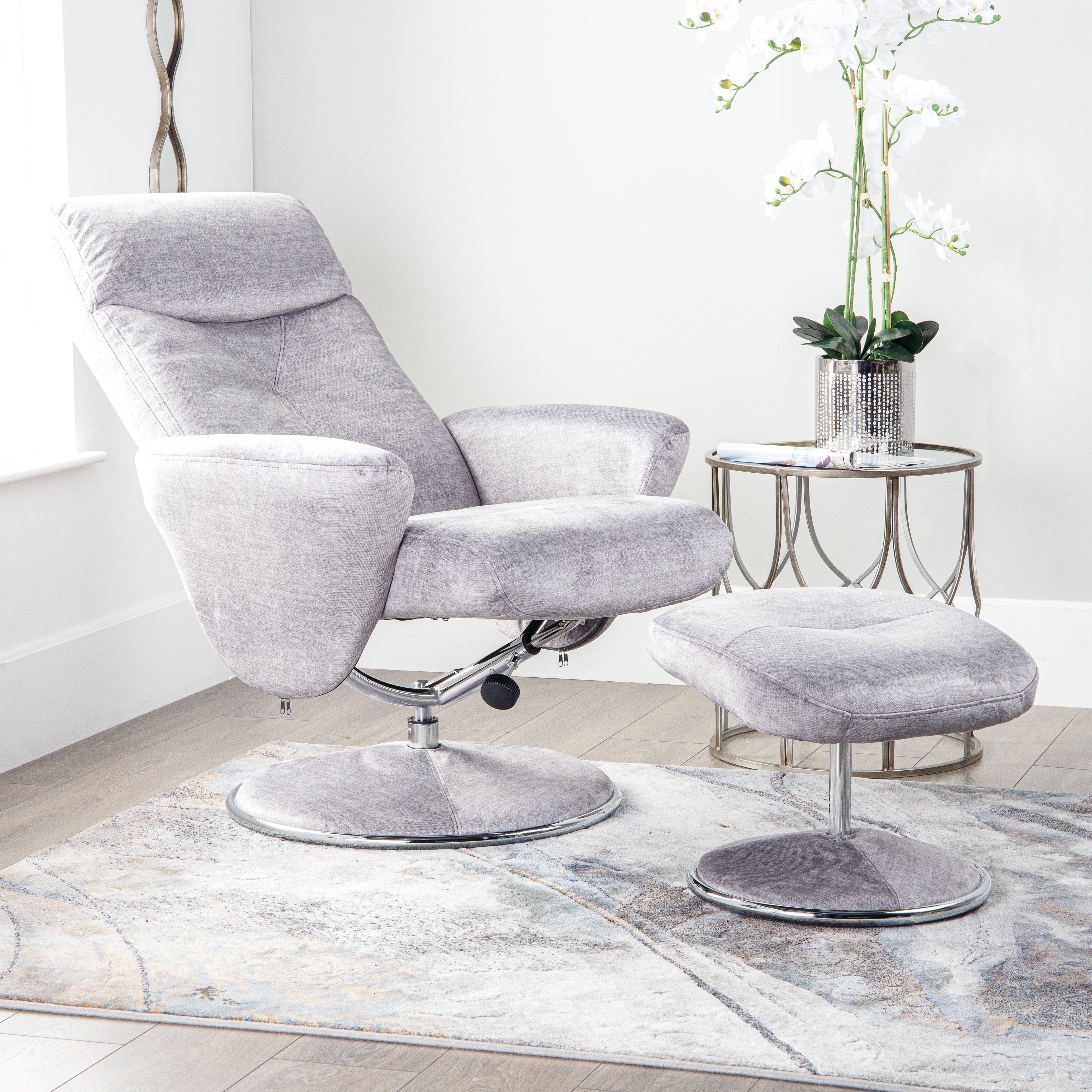 Houston Silver Recliner Chair & Stool