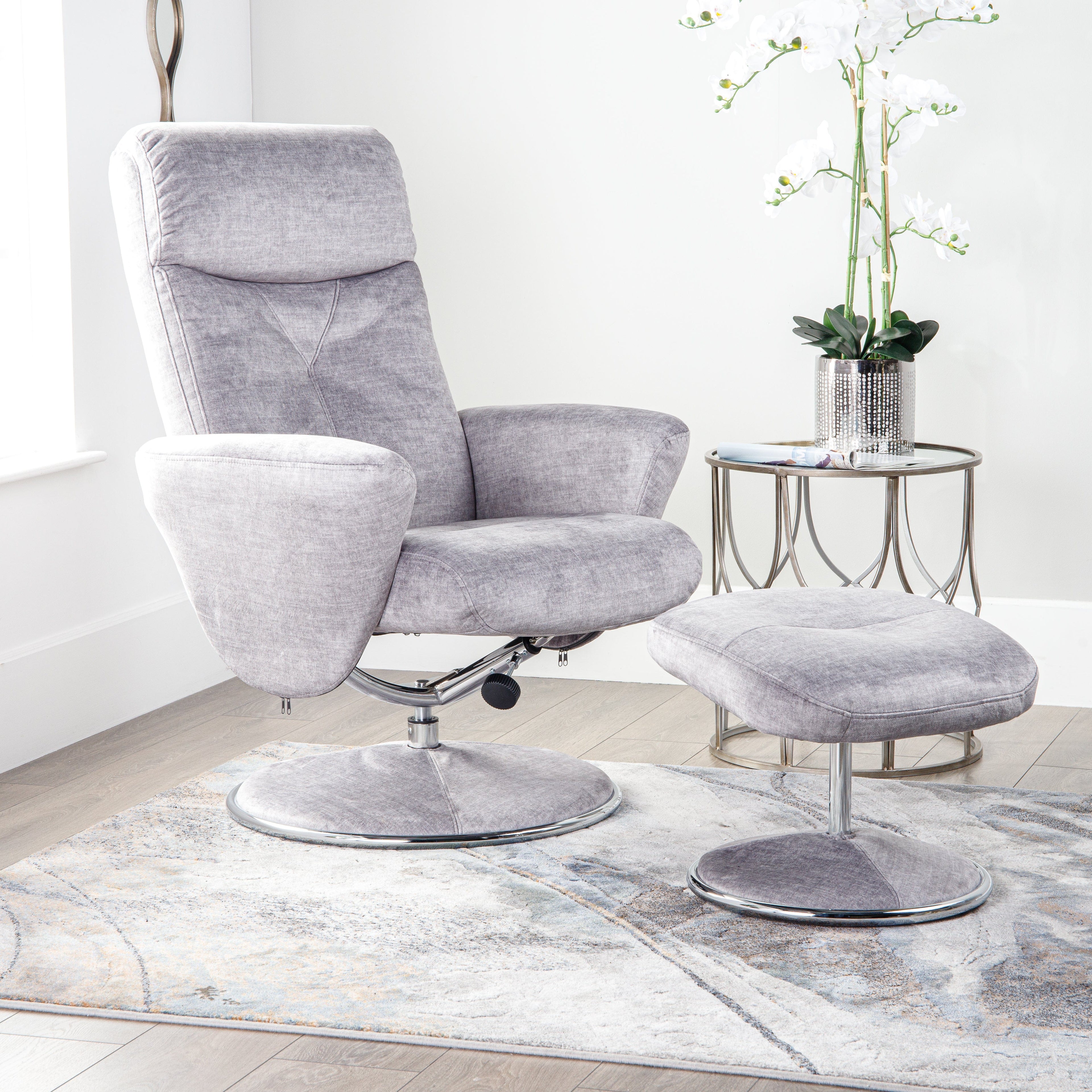Houston Silver Recliner Chair & Stool