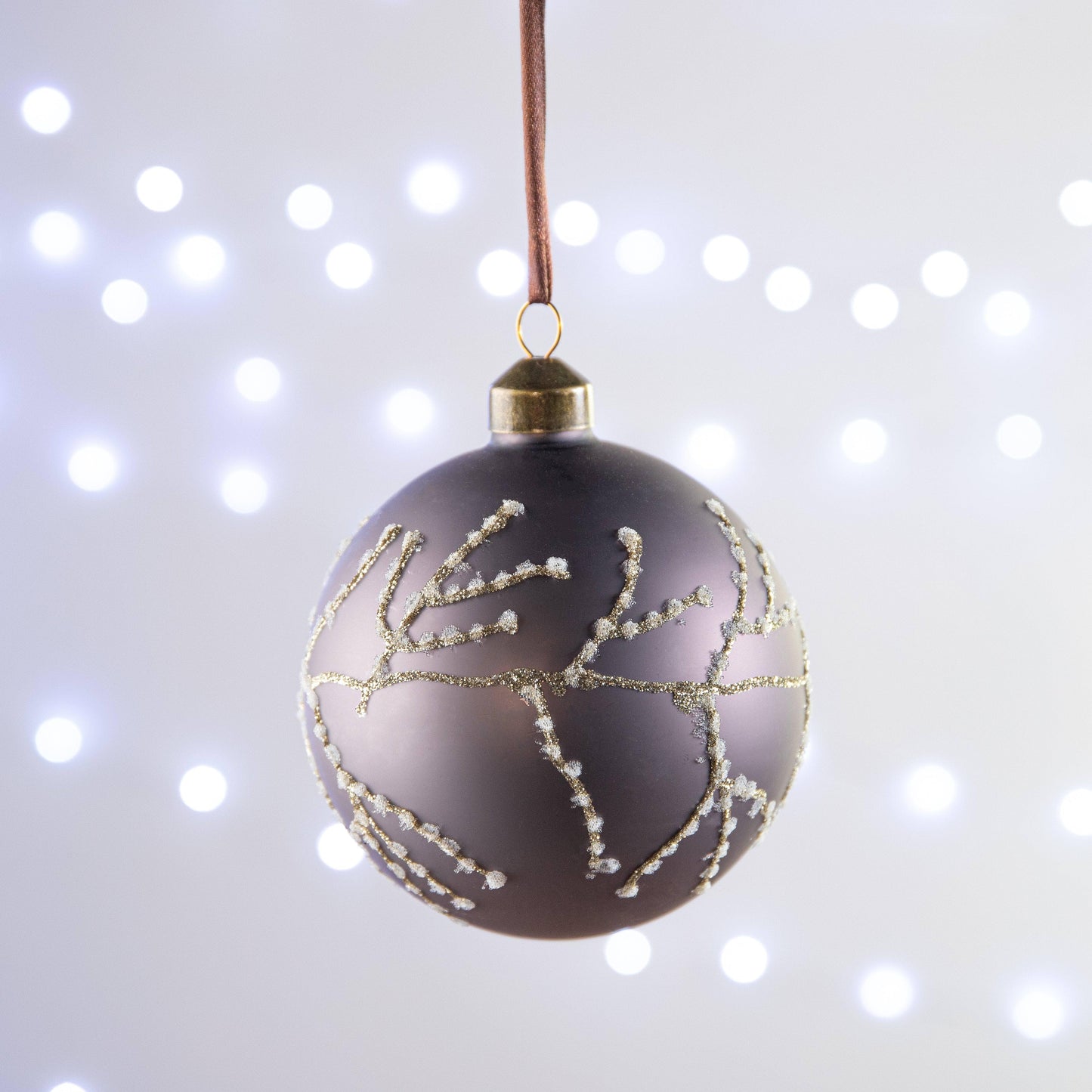 Purple and Gold Glitter Branch Glass Bauble - 10cm