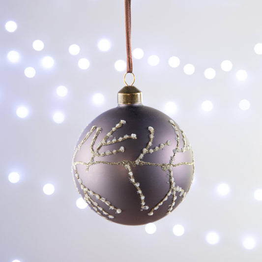 Purple and Gold Glitter Branch Glass Bauble - 10cm